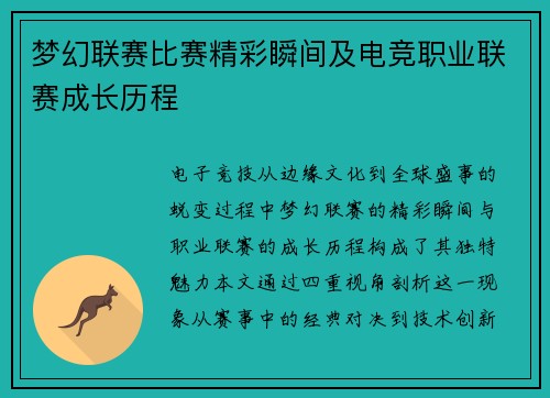 梦幻联赛比赛精彩瞬间及电竞职业联赛成长历程