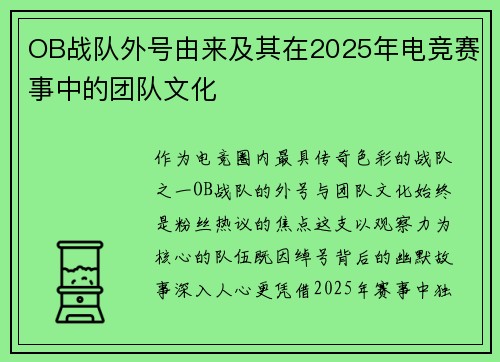 OB战队外号由来及其在2025年电竞赛事中的团队文化