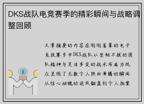 DKS战队电竞赛季的精彩瞬间与战略调整回顾